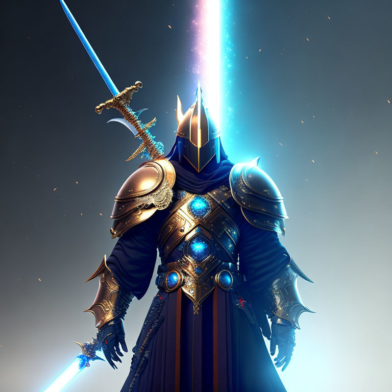 Knight in Ornate Armor with Glowing Blue Accents and Radiant Blue Sword