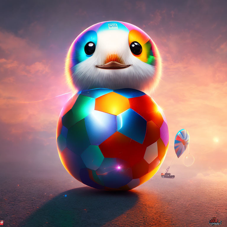 Cartoon bird on colorful soccer ball in surreal landscape