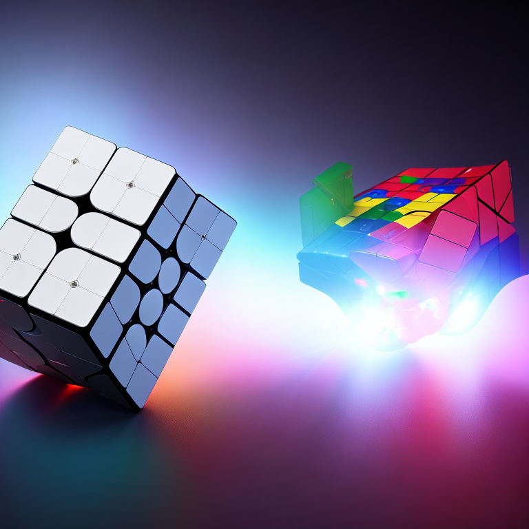 Solved and unsolved Rubik's Cubes with colorful lights on gradient background