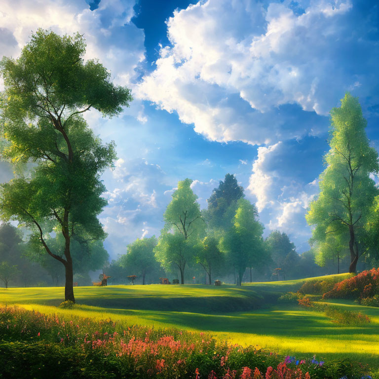 Tranquil park scene with lush greenery and sunny sky