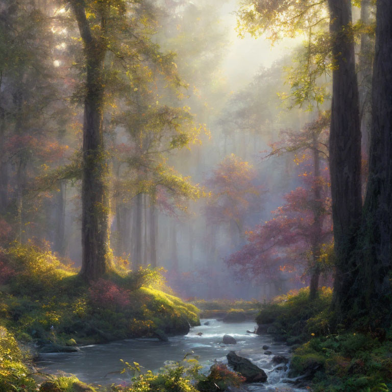 Tranquil forest landscape with mist, sunlight, stream, and autumn trees