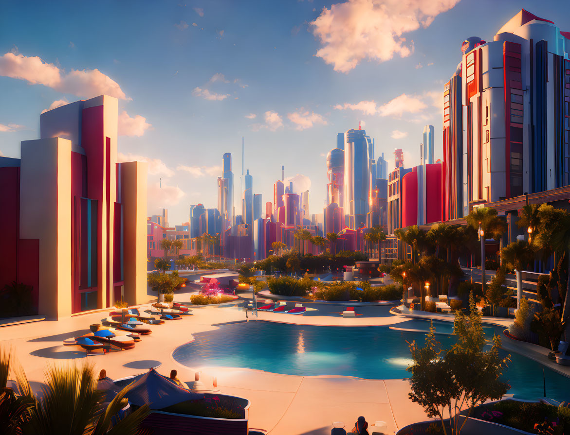 Futuristic cityscape digital art: vibrant buildings, sunset sky, serene pool.