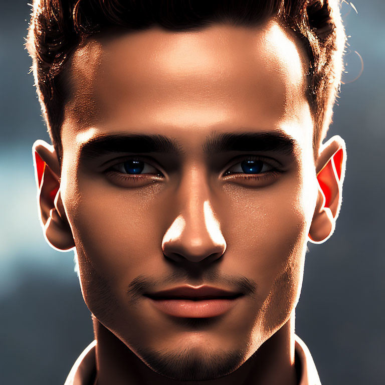 Stylized male face with defined features and tanned skin on dark background