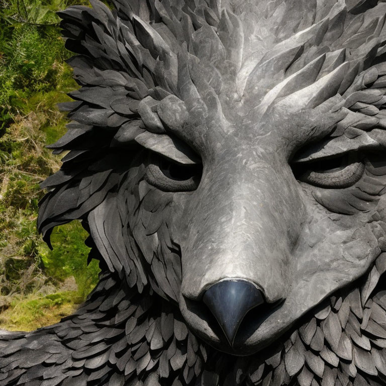 Detailed sculpture of eagle's head with sharp beak and intense eyes surrounded by trees