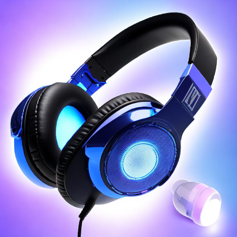 Black and Blue Glowing Over-Ear Headphones on Purple Gradient Background