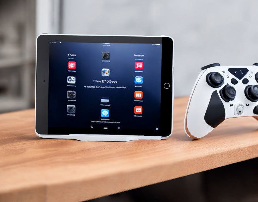 Tablet with app icons next to white gaming controller on wooden desk