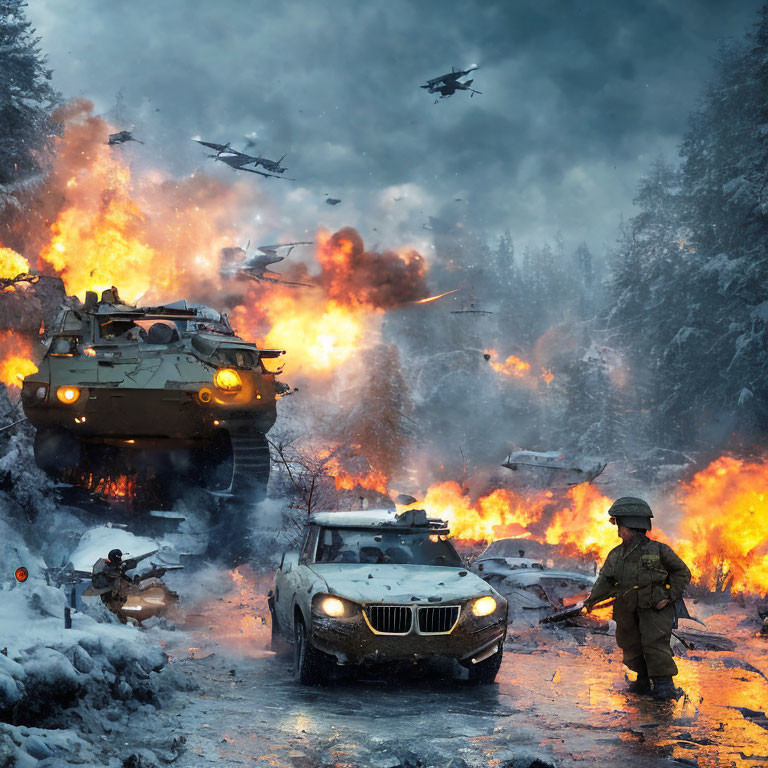 Snowy Road Chaos: Exploding Vehicles, Soldier, Helicopters, Armored Car