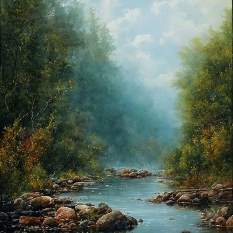 Tranquil forest stream with rocks and lush trees under a hazy sky