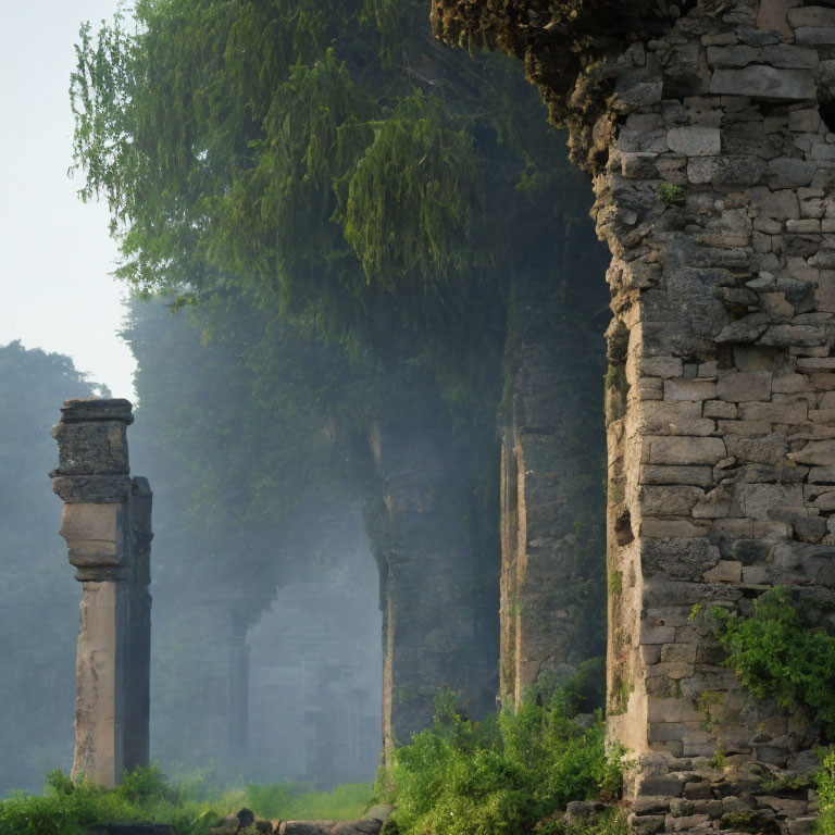 Ancient stone columns in lush greenery under soft morning light