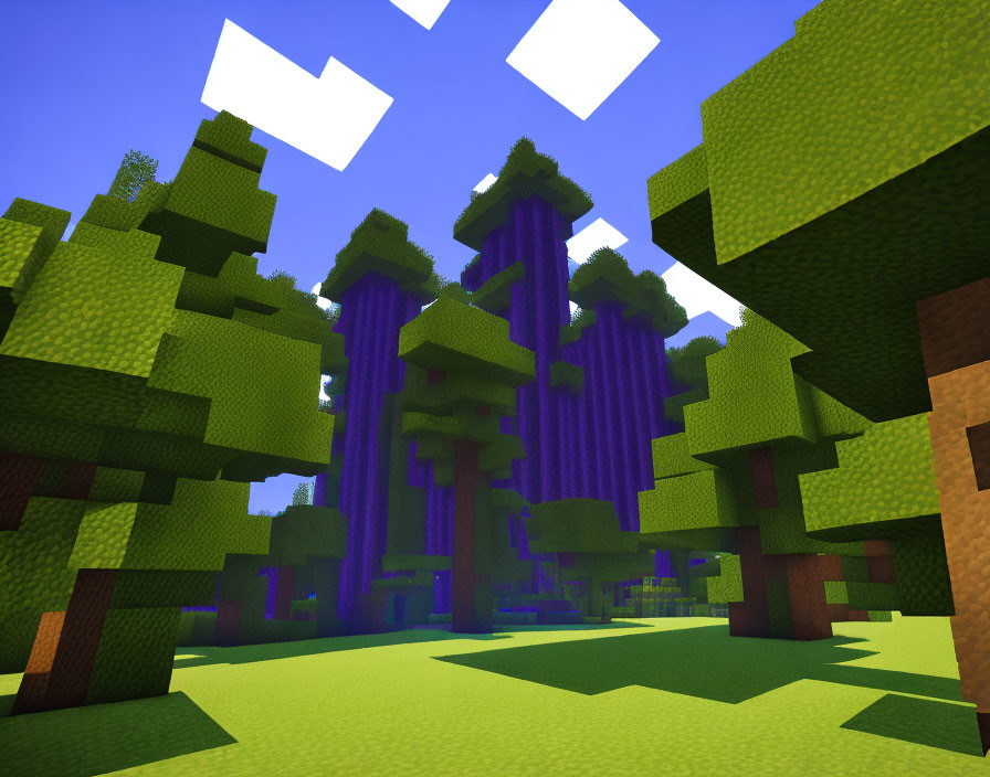 Colorful Minecraft forest with tall trees under blue sky