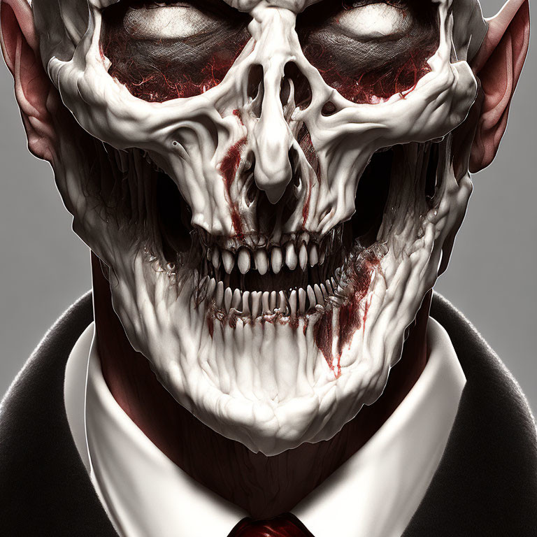 Detailed Menacing Skull in Suit with Red Tie Portrait