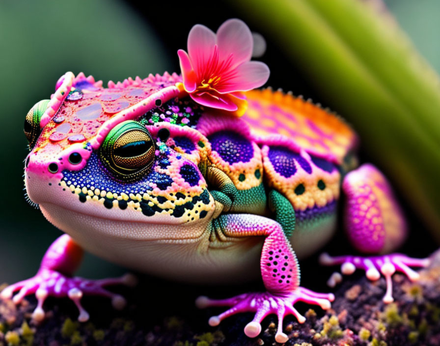 Vibrant pink, purple, and yellow frog on branch with pink flower