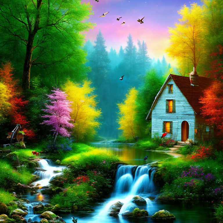Scenic cottage by stream with waterfall, colorful trees, and birds