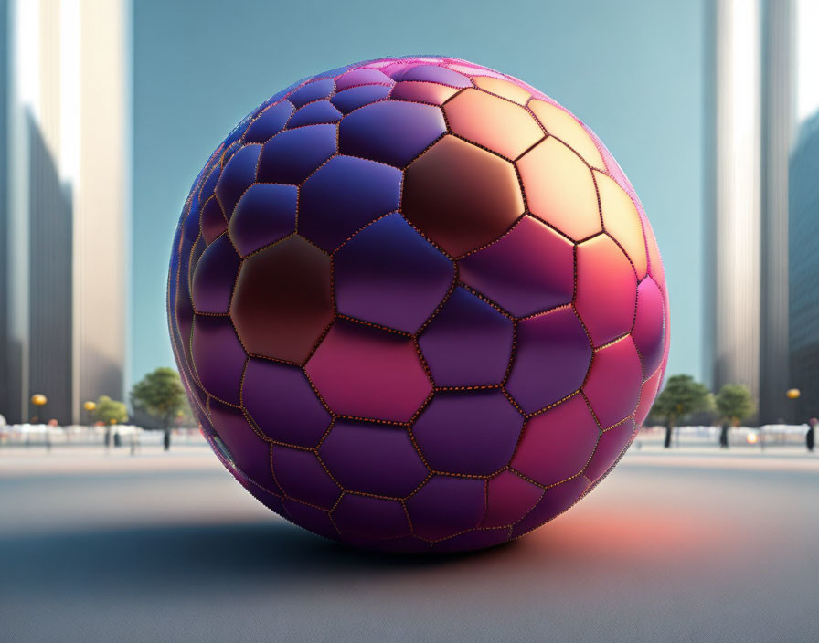 Purple and Pink Hexagonal Pattern Soccer Ball in City Plaza with Skyscrapers