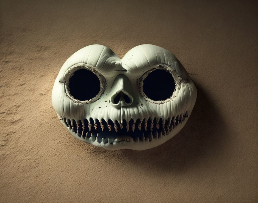 Skull-shaped white mask with stitched mouth on beige background