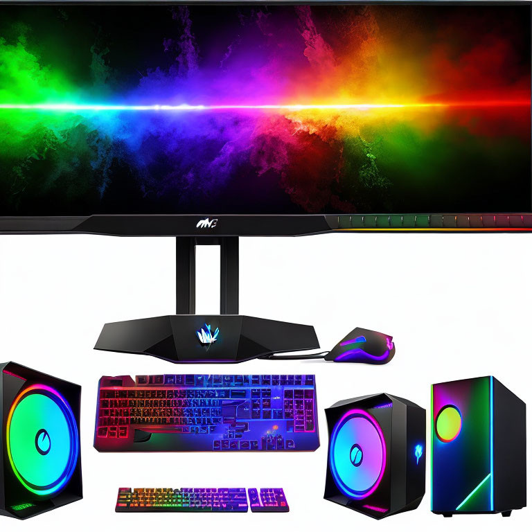 RGB Gaming Setup with Monitor, Keyboard, Mouse, Headset & Speakers
