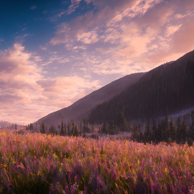 Tranquil Dusk Landscape with Pink Wildflowers and Forested Hills