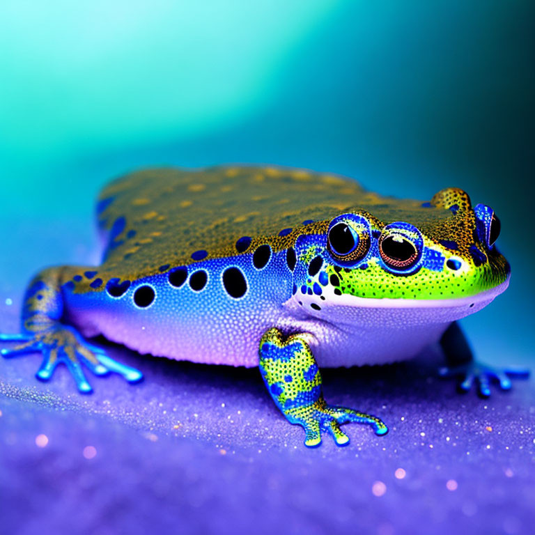 Colorful Frog with Blue Spots and Green Eyes on Blue Gradient Background