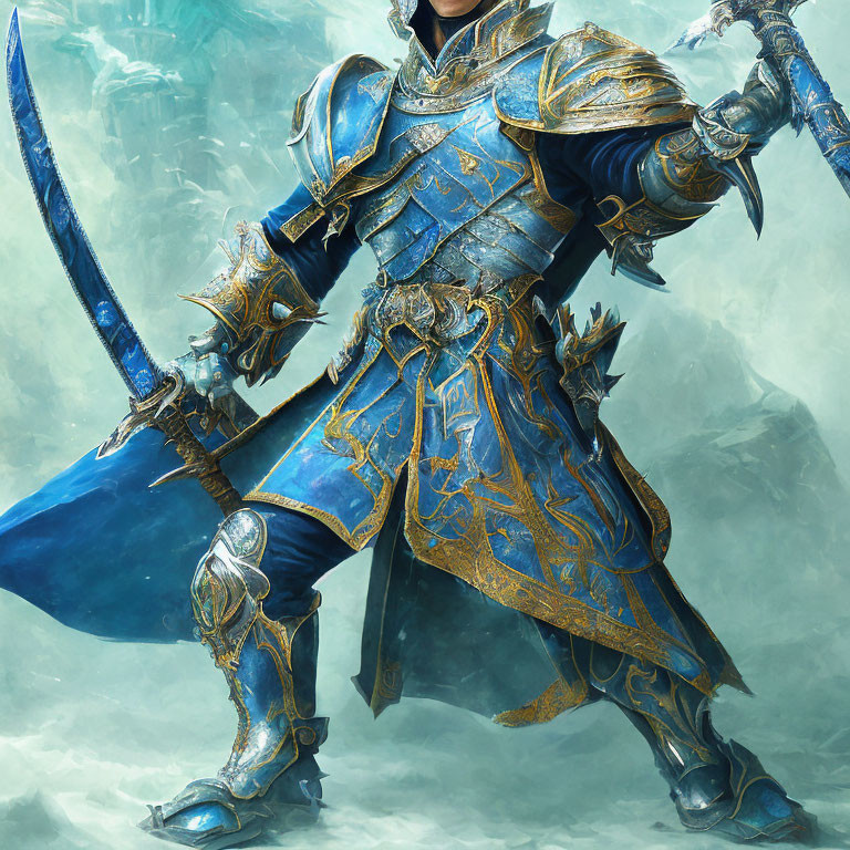 Armored fantasy warrior in blue and gold plate armor with curved sword