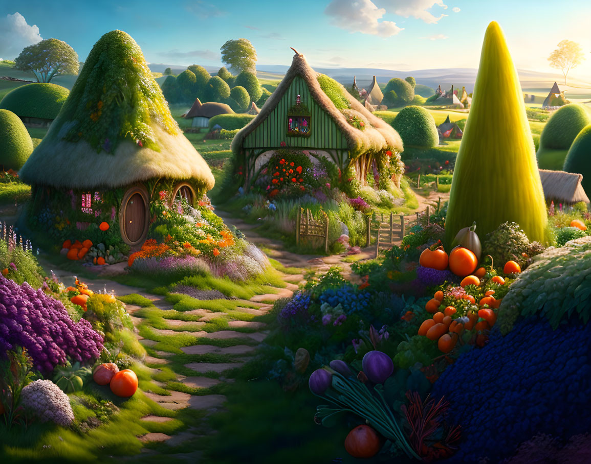 Picturesque countryside scene with thatched-roof cottages and oversized vegetables at sunset