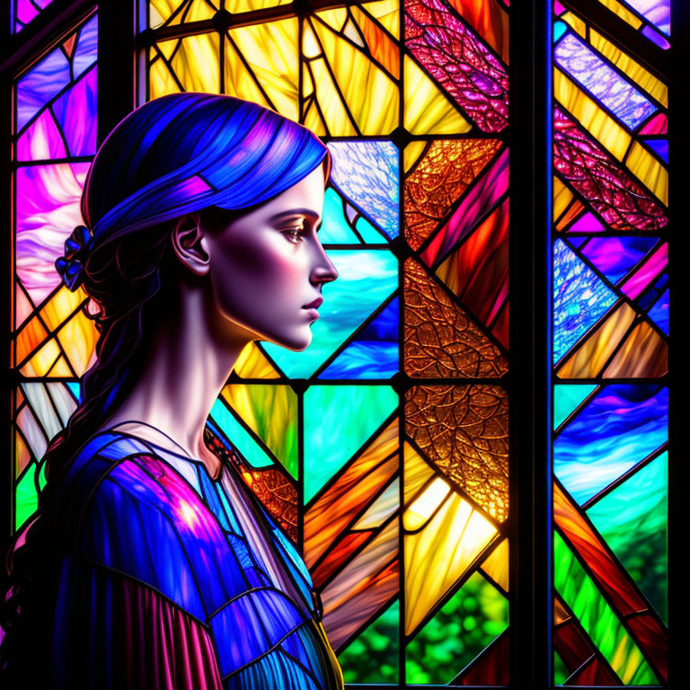 Woman in Blue Headscarf Against Vibrant Stained Glass Background