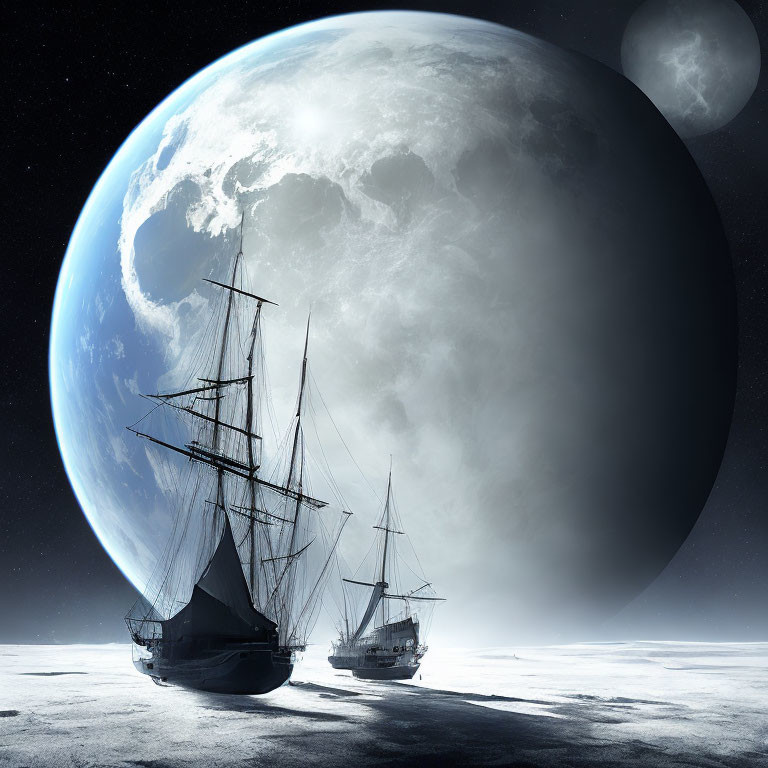 Moonlit surreal landscape with sailing ships, massive planet, and smaller moon.