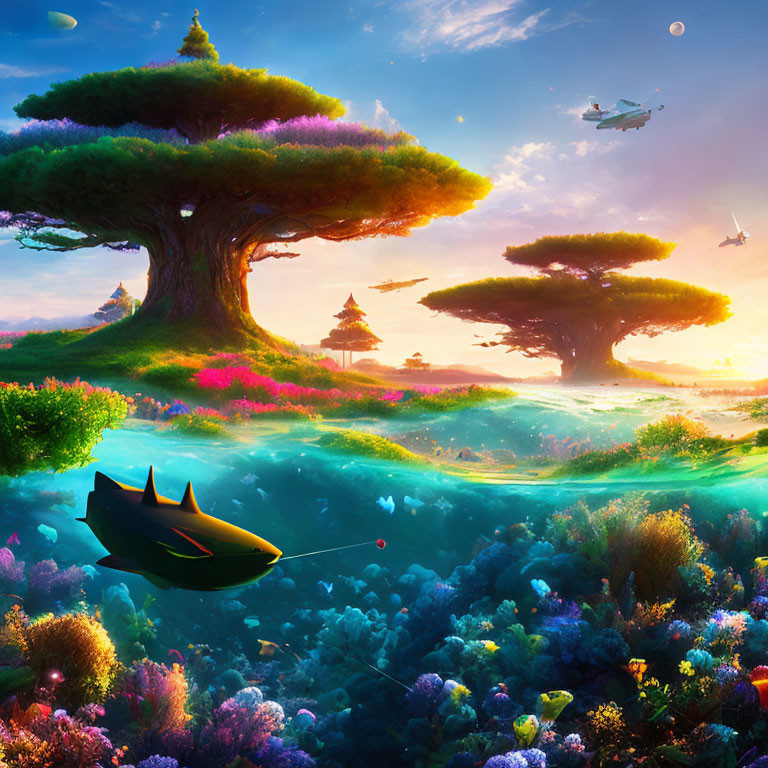 Fantastical landscape with oversized trees, airships, and a submarine