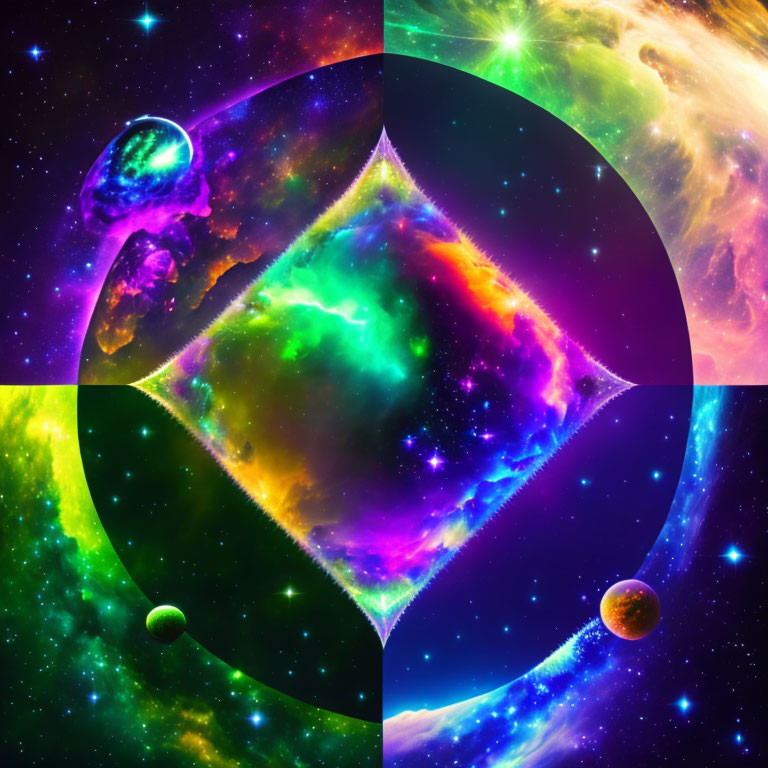 Colorful Cosmic Collage of Nebulas, Stars, and Planets in Geometric Design