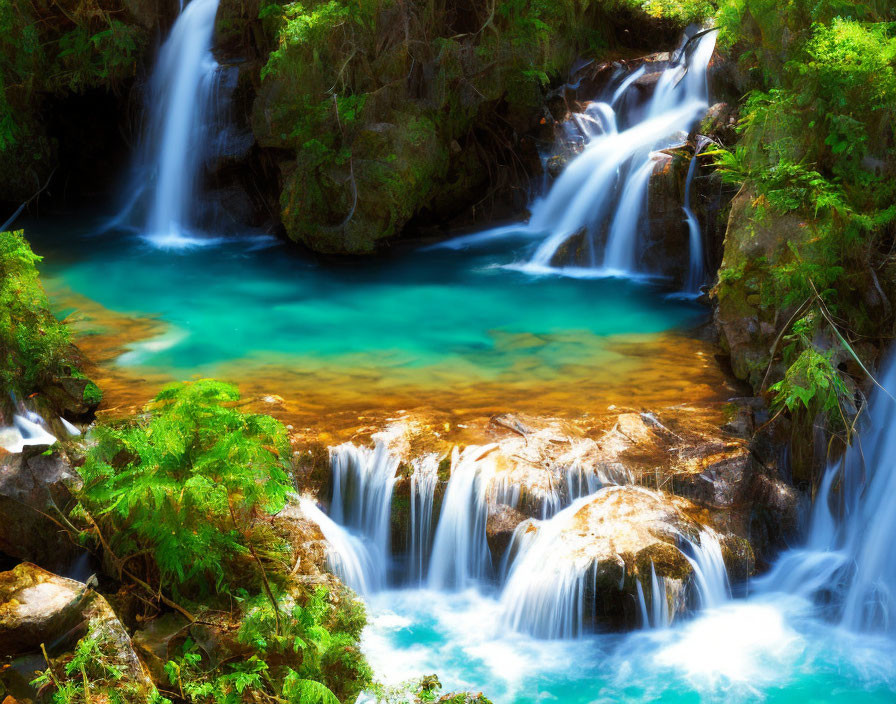Tranquil waterfall with turquoise waters and lush green foliage
