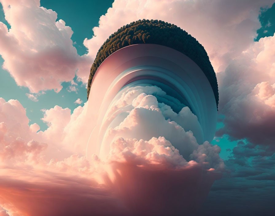 Surreal inverted mountain with cloud rings in pink and blue skies