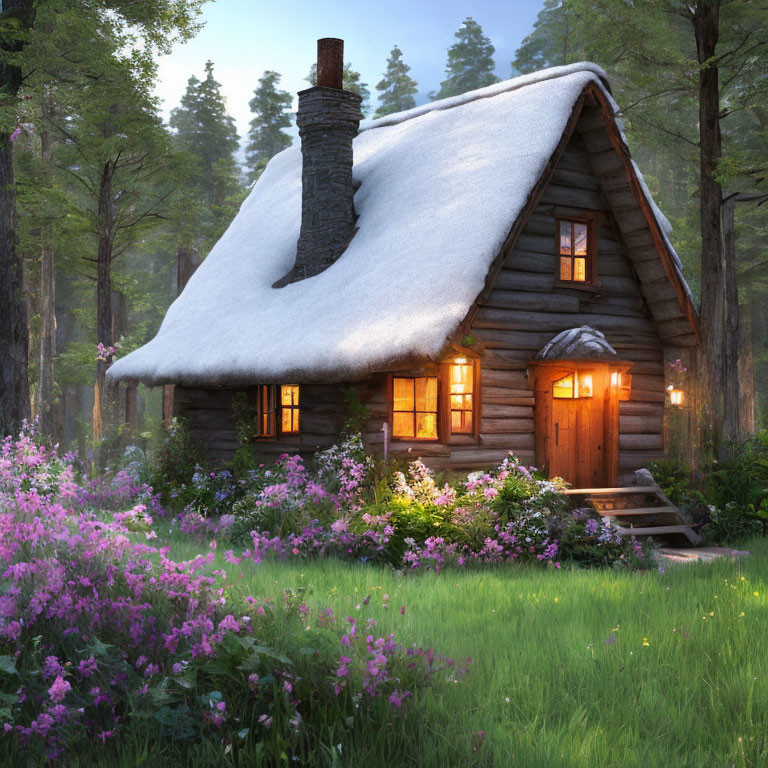 Snow-covered wooden cabin in forest with warm lights & purple flowers