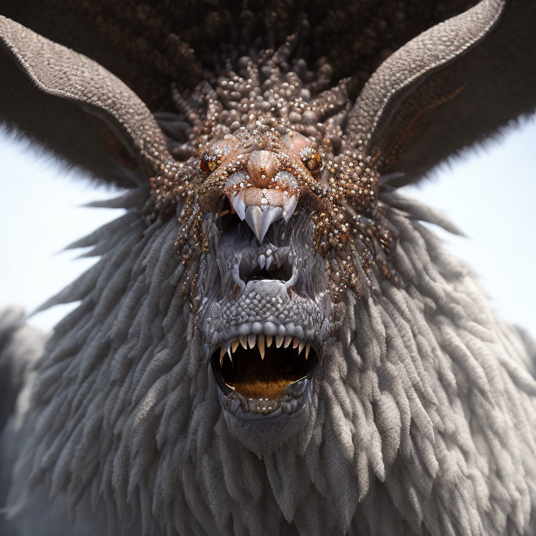 Fantastical creature with horns, textured skin, and fur showing aggressive teeth