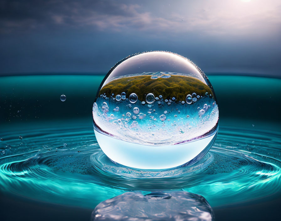 Transparent sphere reflects landscape above rippling water at twilight