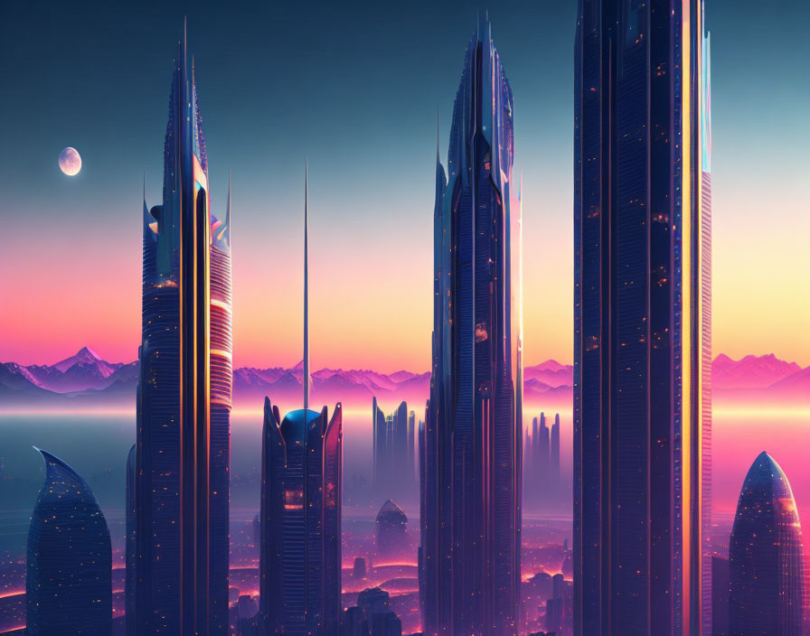 Futuristic cityscape sunset with skyscrapers, purple sky, and moon