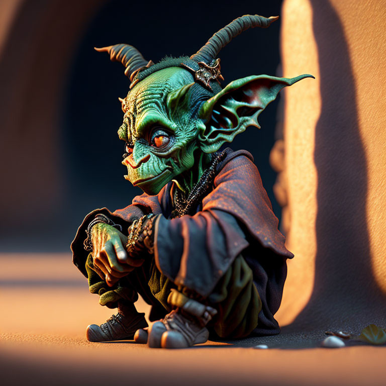 Green goblin with large eyes and pointed ears in contemplative pose in warm light wearing dark cloak and