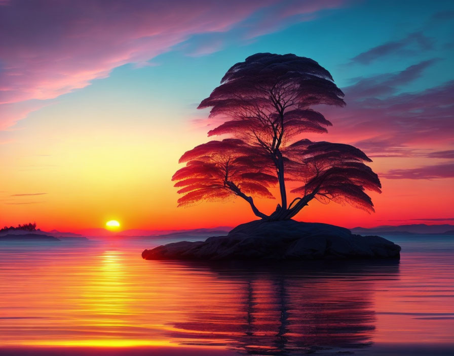 Solitary tree on rock island at vibrant sunset