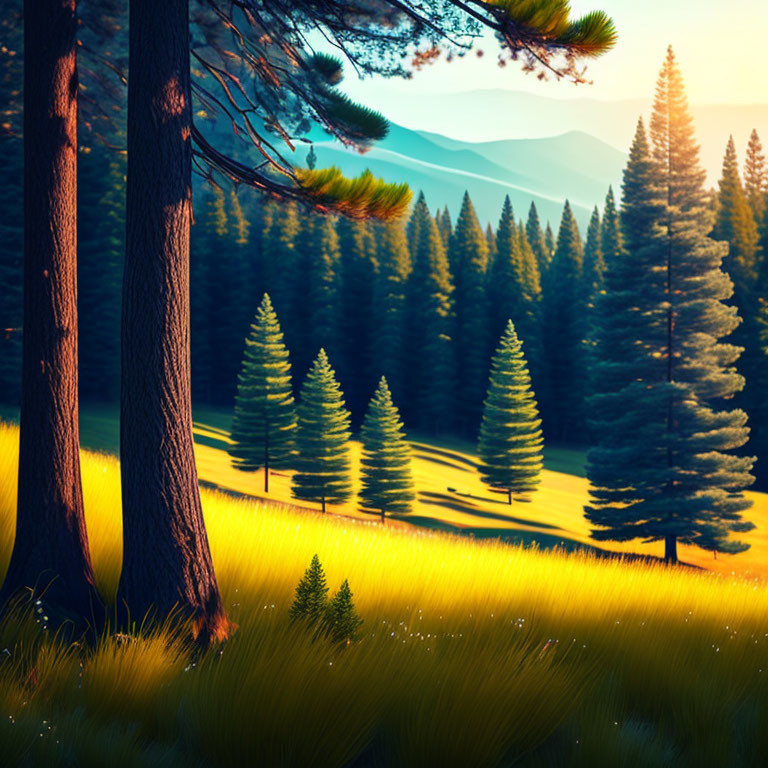 Lush Forest with Sunlight Streaming Through - Pine Trees and Mountains in Background