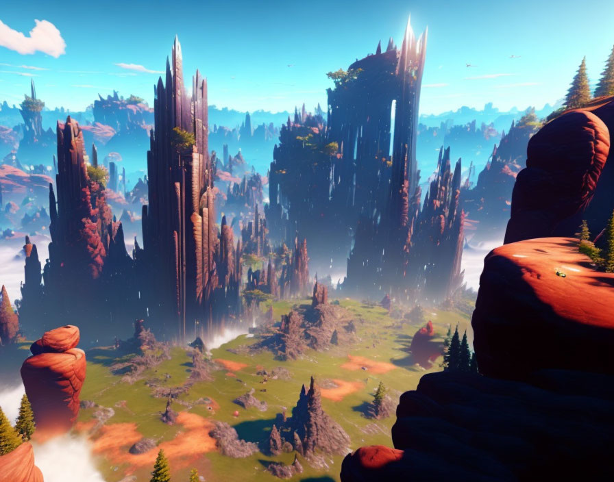 Mystical landscape with towering rock spires and floating islands