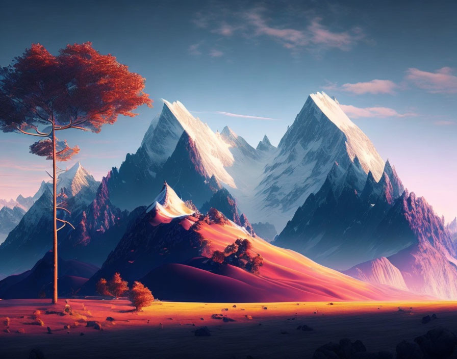 Surreal landscape with triangular mountains, orange tree, and gradient sky