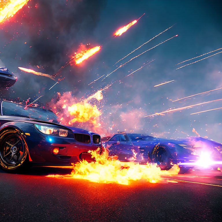 Fiery drifting cars on road with sparks and flames under falling fiery streaks
