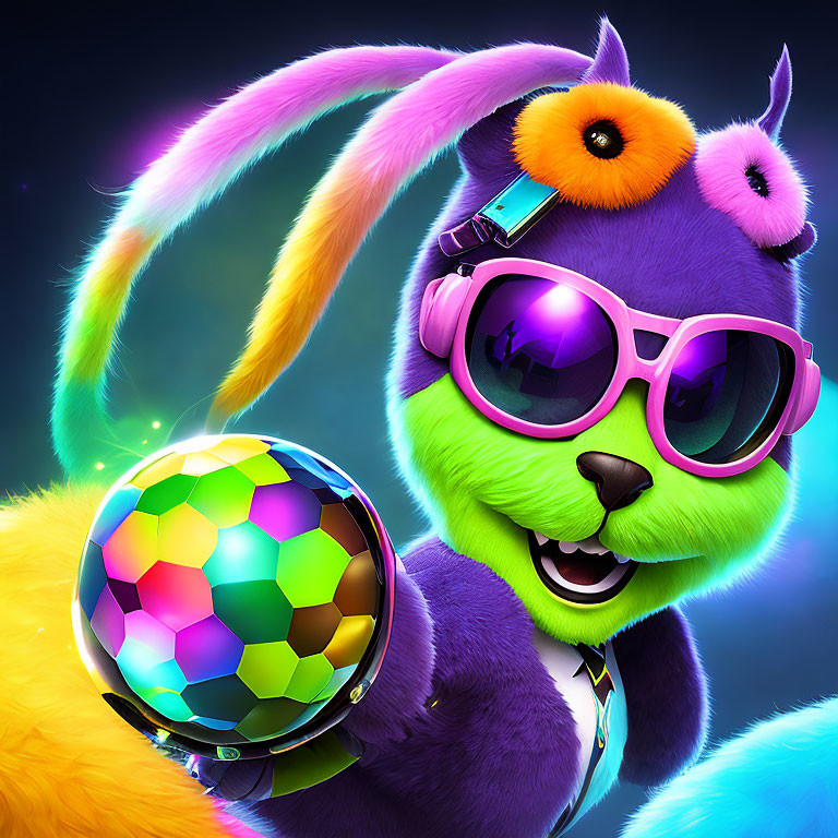 Colorful creature with purple fur, pink glasses, headphones, disco ball