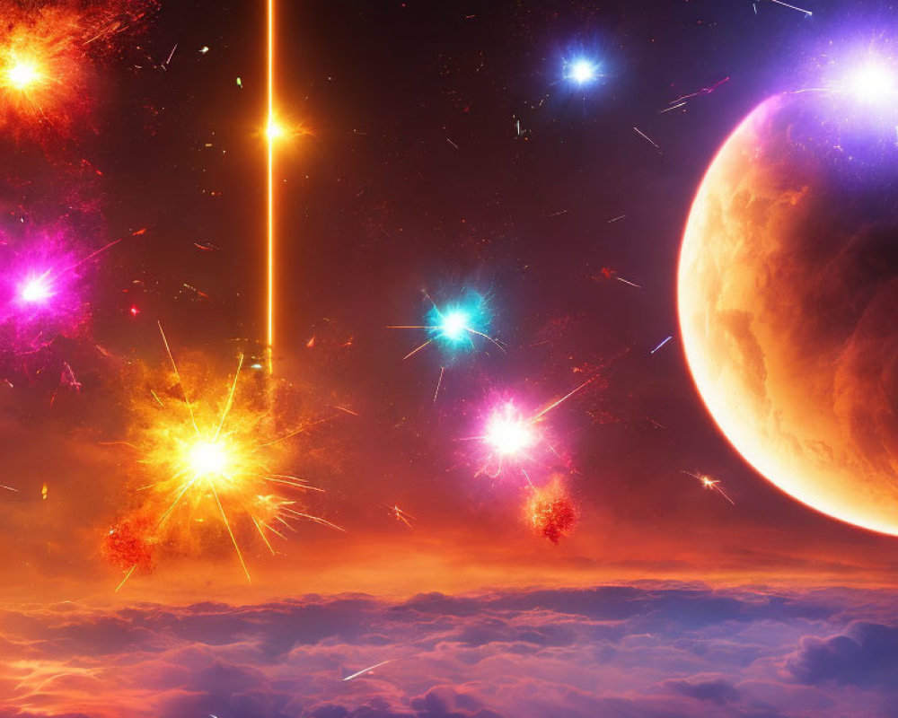 Colorful cosmic scene with planet, stars, and nebula clouds in outer space.