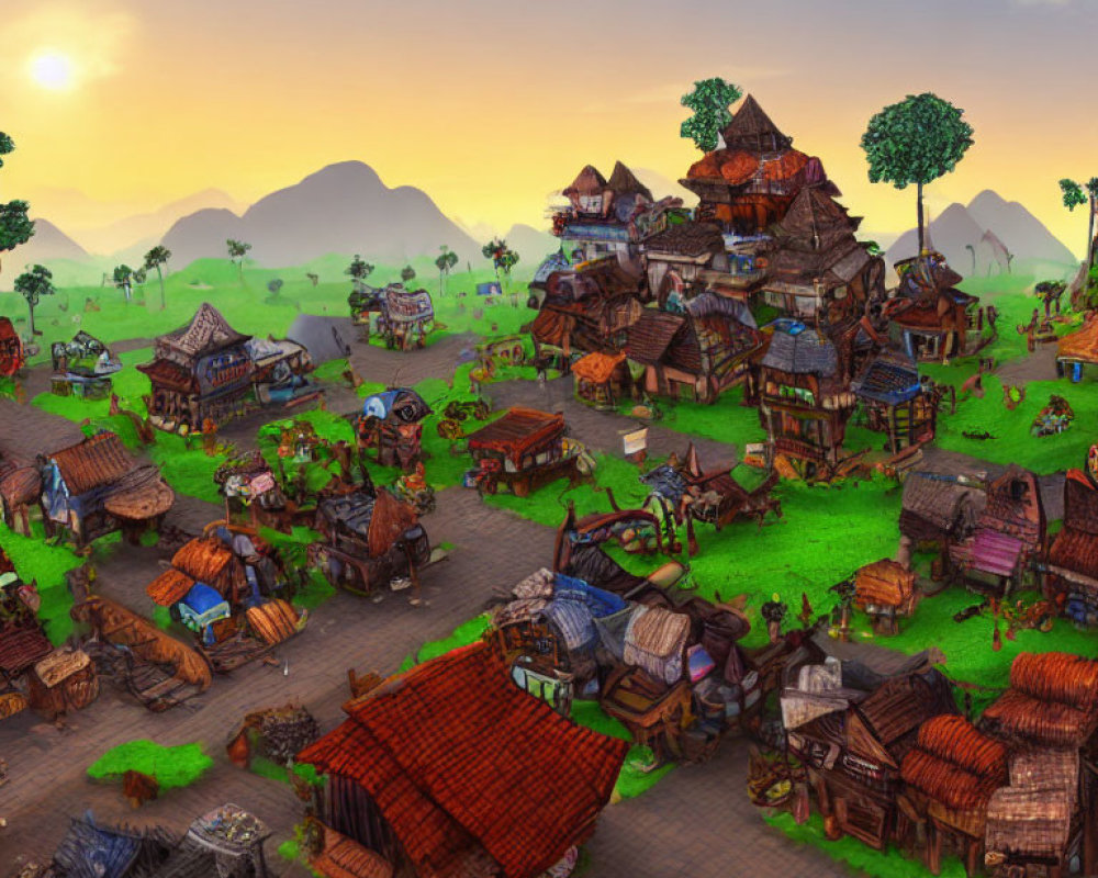 Stylized medieval village scene with tiered wooden structures