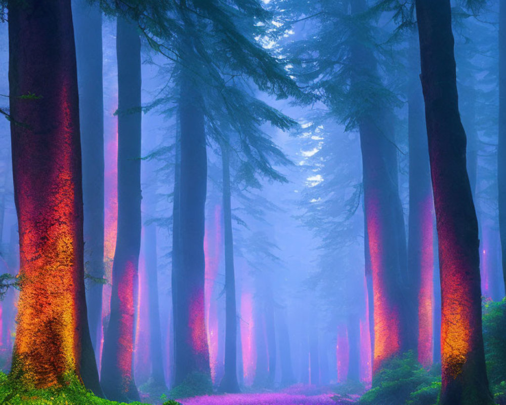 Mystical Forest with Tall Trees and Purple Haze