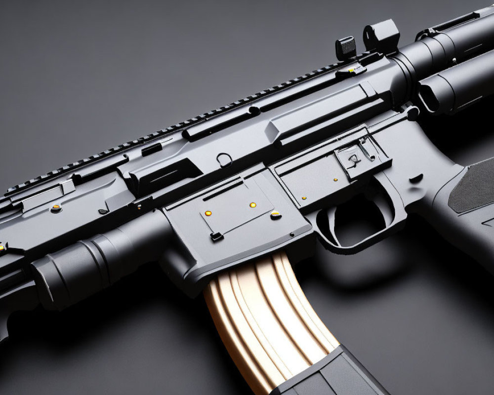 Modern black assault rifle with optic sight and inserted magazine.