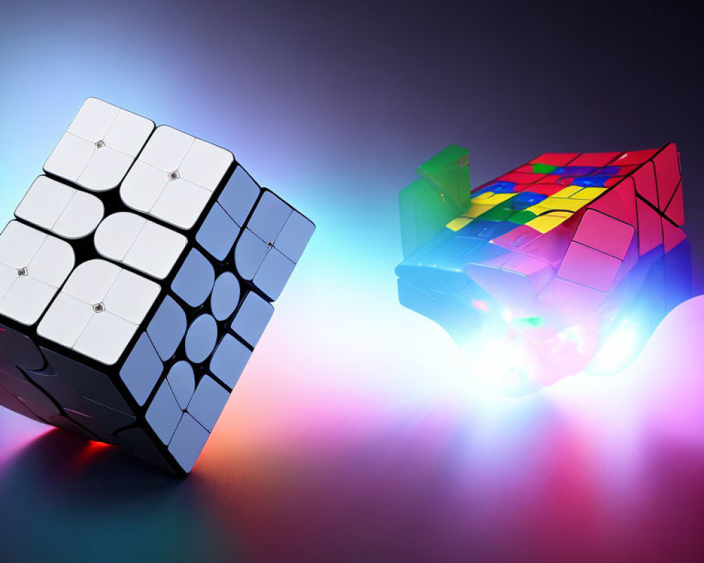 Solved and unsolved Rubik's Cubes with colorful lights on gradient background