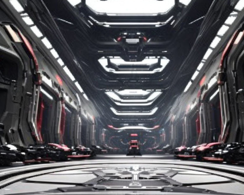 Symmetrical high-tech spaceship corridor with metallic walls and red lights
