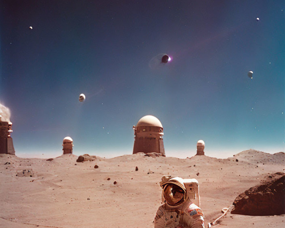 Astronaut on rocky surface with distant structures and celestial bodies.