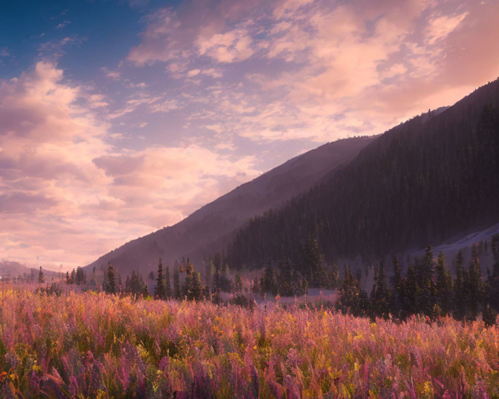 Tranquil Dusk Landscape with Pink Wildflowers and Forested Hills