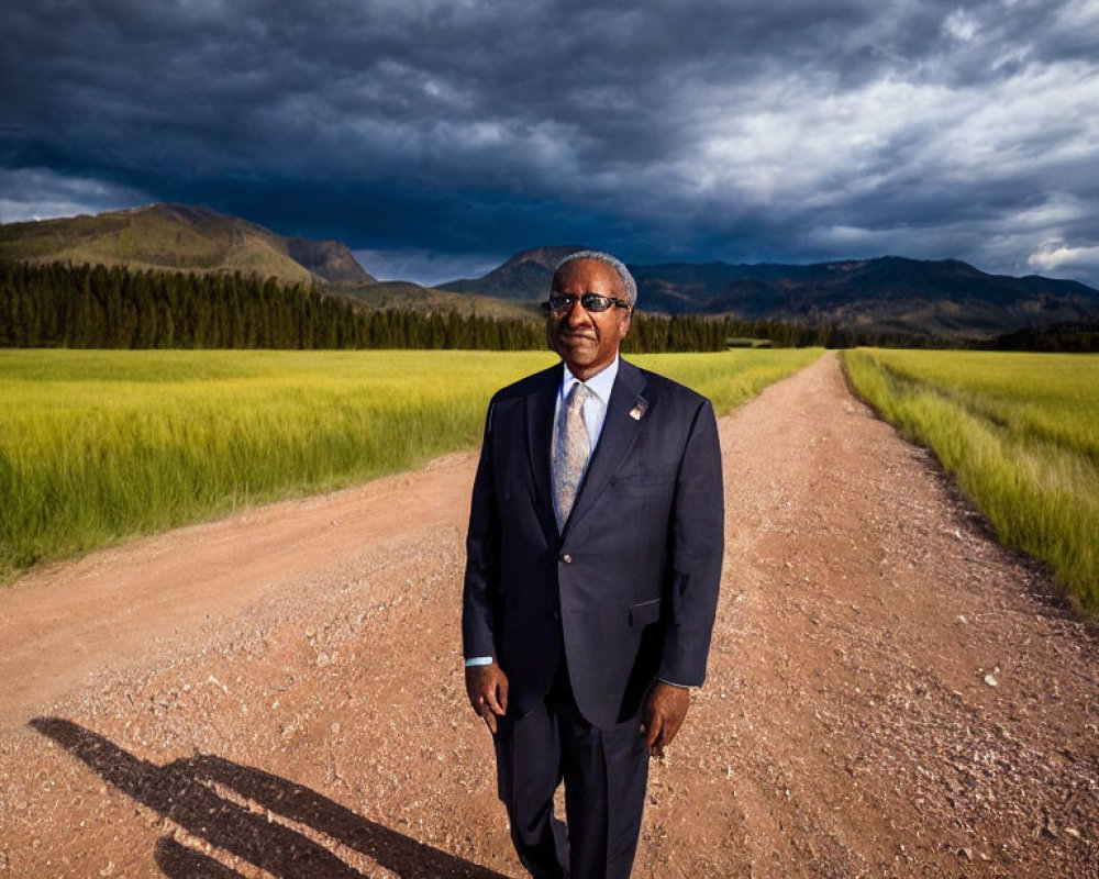 Distinguished person in suit on dirt road with green fields and mountains under dramatic sky